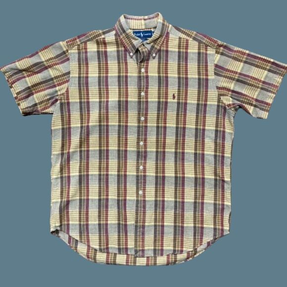Polo Ralph Lauren Blake Vintage 90s Plaid Tan Maroon Button Front Shirt Large - Picture 1 of 8